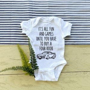 Car Themed Pregnancy Announcement Onesies, Social Media Photo Prop, Racecar Baby Reveal, It's All Fun and Games, Four Door