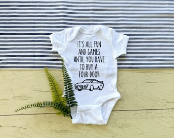 Car Themed Pregnancy Announcement Onesies, Social Media Photo Prop, Racecar Baby Reveal, It's All Fun and Games, Four Door