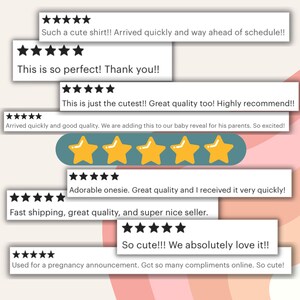May include: A collection of positive customer reviews for a baby onesie. The reviews highlight the quality, speed of delivery, and cuteness of the onesie. The reviews include five-star ratings and text such as "So cute!! We absolutely love it!!" and "Adorable onesie. Great quality and I received it very quickly!"