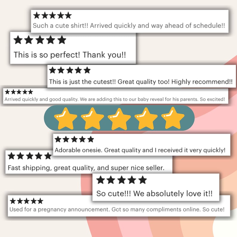 May include: A collection of positive customer reviews for a baby onesie. The reviews highlight the quality, speed of delivery, and cuteness of the onesie. The reviews include five-star ratings and text such as "So cute!! We absolutely love it!!" and "Adorable onesie. Great quality and I received it very quickly!"