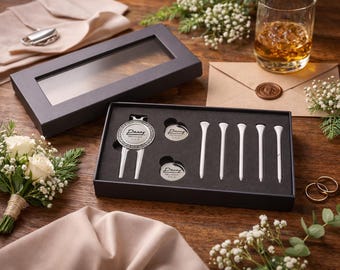 Personalised Golf Wedding Mini Gift Box – Best Man, Groomsman or Groom Gift – Divot Tool, Ball Markers & Tees – Wedding Date Keepsake