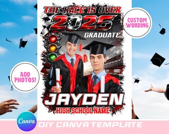 Race is Over Graduation 2026 Canva Template: Editable Design File - Red