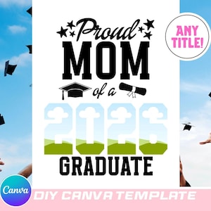 May include: A white graphic design with the text "Proud MOM of a 2023 GRADUATE" in black. The design includes a graduation cap and scroll. The background shows a blue sky with graduation caps being tossed in the air.