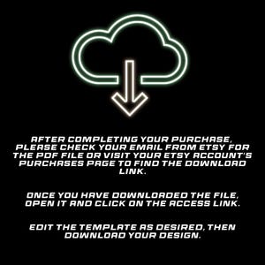 May include: Black graphic with a cloud and downward arrow icon in neon green. Text instructions in white detail how to download a file after purchase, including checking email or Etsy purchases.