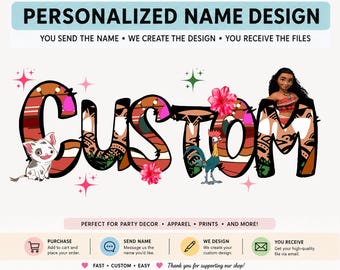 Moana Custom Name PNG Personalized Character Name Design Digital Download Kids Birthday Shirt Design, Princess Clipart DIY Party