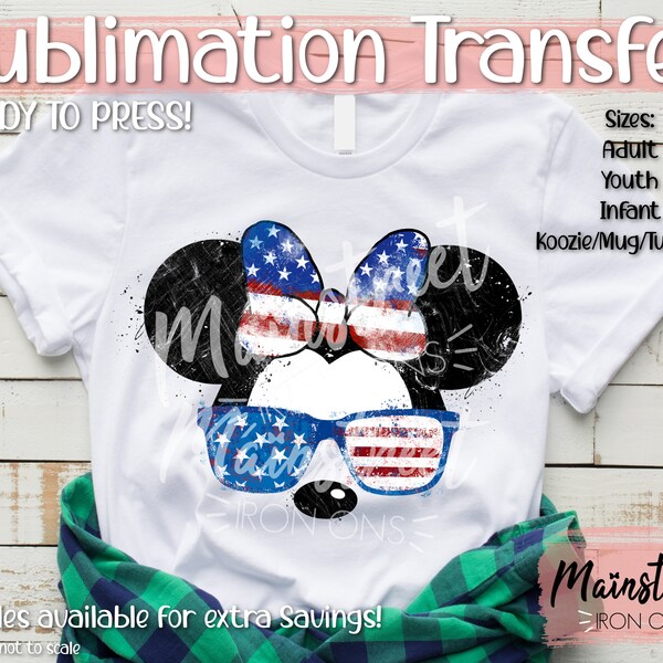 Minnie Patriotic 4th of July Summer  Sublimation Print - Ready to Press! Shipped Sublimation Family Shirts Wholesale Watercolor Iron On