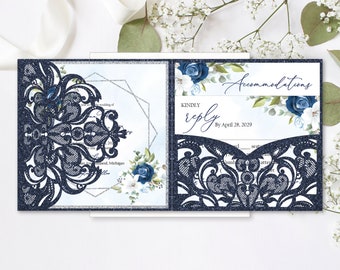 Navy and Blue Floral Tri-fold Laser Cut Wedding Invitations