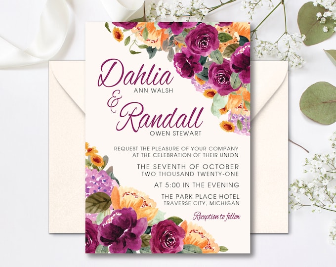 Pink, Orange and Purple Floral Wedding Invitations