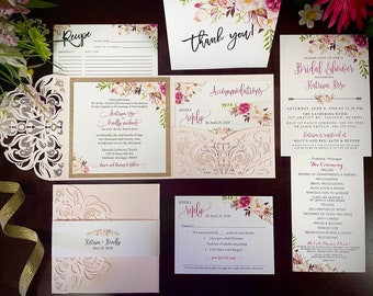 Blush Pink Floral Tri-fold Laser Cut Wedding Invitations