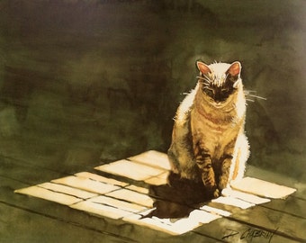 Deborah Chabrian Lithograph Cat Print "Mugs in Sunlight" image size 11 3/4" x 14 3/4"