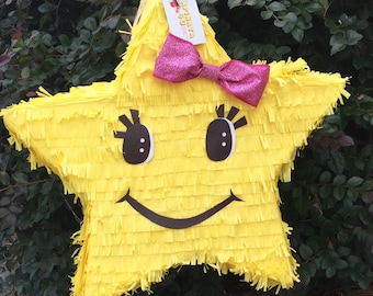 19" Cute Yellow Star Pinata With Sparkly Glitter Bow Great For Kids Adults Star Themed Birthday Party Supplies