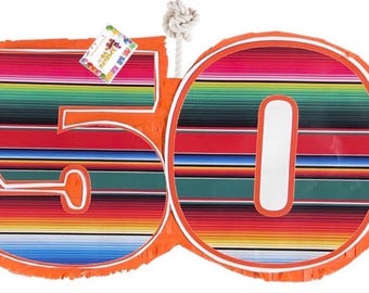 May include: A colorful piñata in the shape of the number 50. The piñata features a vibrant striped pattern in red, orange, green, blue, and yellow. It has an orange border and a white rope for hanging.