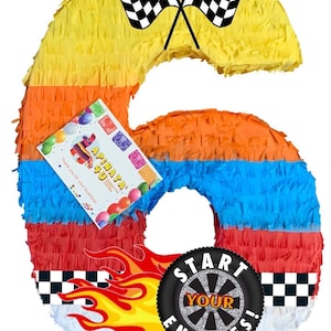 Race Car Number 6 Pinata with Checkered Flags, Perfect for 6th Birthday Celebrations & Racing, Fun Birthday Party Decoration for Car Lovers