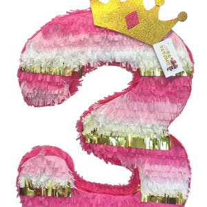 20'' Tall Number Three Piñata with Glittery Crown Princess Theme image 1