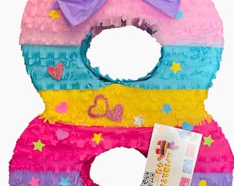 Number Eight Pinata Eighth Birthday Oversized Bow Accent Girly Multicolored Pinata