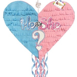 May include: A heart-shaped piñata, split into blue and pink sections, with the words "He or She" in cursive. A large question mark with a heart is in the center. Blue and pink streamers hang from the bottom. A white rope is attached at the top.