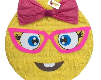 Sale! Ready To Ship! 16" Smarty Pants Emoticon Pinata Yellow Color With Glasses & Pink Bow Great For Teens Kids Birthday Party Decoration