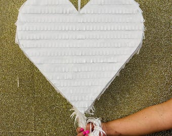 White Gender Reveal Heart Piñata, Available as Pull Strings or Traditional