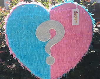 New! Ready to Ship! Gender Reveal Pinata Heart Shape Pink & Blue Color It's A He or She Boy or Girl Señor Señorita Pull Strings Style