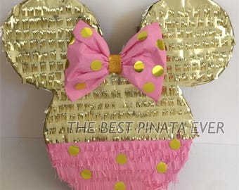 Gold Mouse Ear Pinata with Pink Bow, Perfect for Princess Birthday Theme Party Celebration, Cute & Playful Party Decorations, Ready to Ship