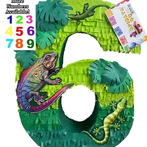 Sale! 20” Tall Lizzards Themed Number Six Pinata Green Color 6th Birthday Party Decoration Lizard More Numbers Available