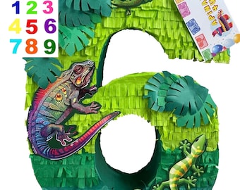 Sale! 20” Tall Lizzards Themed Number Six Pinata Green Color 6th Birthday Party Decoration Lizard More Numbers Available