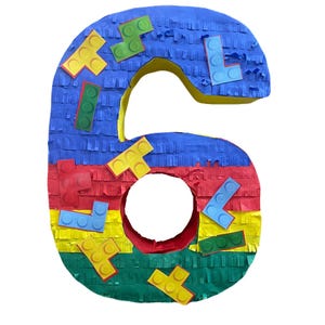 Block Themed Number 6 Pinata for 6th Birthday Colorful Party Decor, Kids Birthday Supplies, Personalized Party Favor, Building Block Pinata