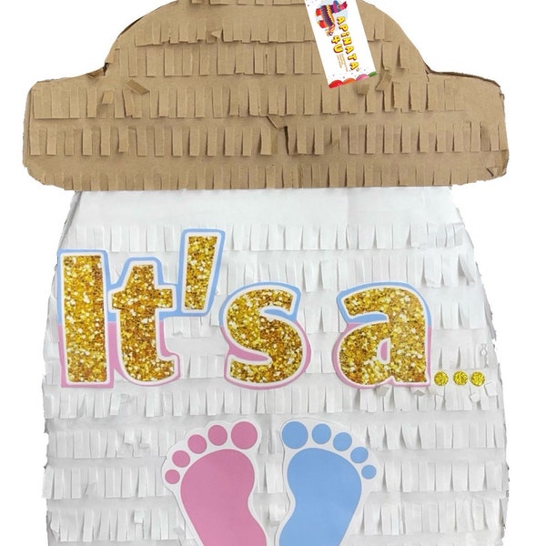 It's a Gender Reveal Pinata Baby Bottle Shape With Gold Glitter Accents