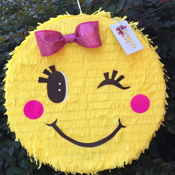 Sale! Ready To Ship! 16" Emoticon Pinata Pink Bow Yellow Color Great For Teens Kids Birthday Party Decoration Text Expression Face Pinata