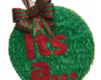 Sale! Ready to Ship! It's a Gender Reveal Pinata Christmas Theme Xmas Party He or She Green & Red Ornament Pinata