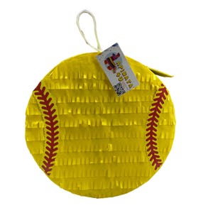 May include: Yellow and red baseball-shaped pinata with the text "PINATA 4 U" on a tag attached to the top.