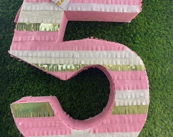 20'' Tall  Number Five Piñata Pink White & Gold