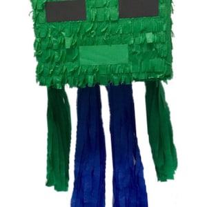 Green Creeper Pinata with Blue Streamers, Ideal for Miner PixelThemed Party Celebration Decoration, Video Game Party Supplies, Ready to Ship