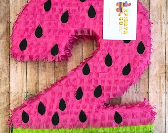 20 Inch Tall Number Two Pinata, Watermelon Theme Pink Color, 2nd Birthday Celebration, Fruit Theme Summer Decoration Supplies, Ready to Ship