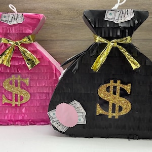 Money Bag Pinata Set, Black & Pink with Gold Sign, Casino Nights, Adult Celebrations, Birthday Party Decor,  Perfect for Birthday Parties