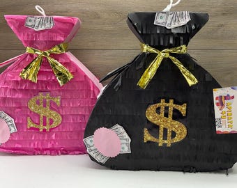 Money Bag Pinata Set, Black & Pink with Gold Sign, Casino Nights, Adult Celebrations, Birthday Party Decor,  Perfect for Birthday Parties