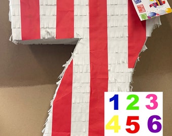 Sale! Fast Shipping 20” Tall Number Seven Piñata Circus Theme Carnival Themed Pinata Red & White More Numbers Available Seventh
