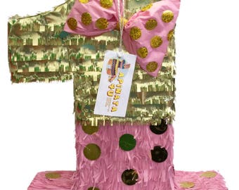 20'' Tall Number One Piñata Gold & Light Pink