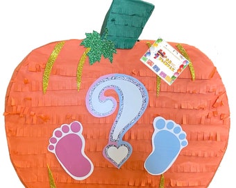 Pumpkin Pinata Fall Themed Gender Reveal Pink Blue Footprints