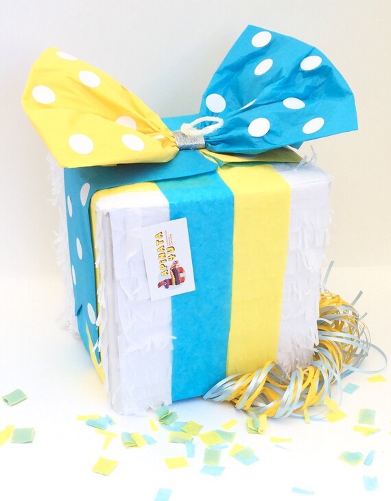Items similar to Gender Reveal Gift Box Pinata Blue & Yellow Bow Pull