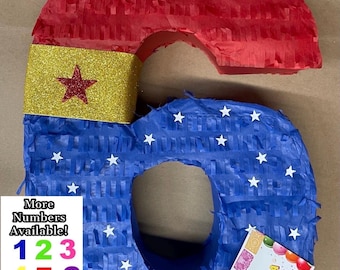 20'' Tall Number Six Piñata Super Hero Inspired 6th Birthday Party Supplies Decoration Heroin Themed Red Blue Color Sixth Bday 7th 8th 9th