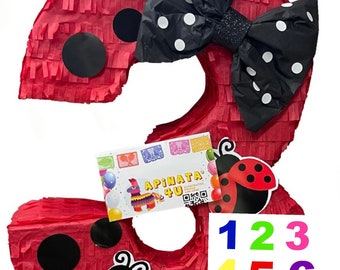 20'' Tall  Number Three Pinata Red & Black Polka Dots Ladybug Pinata