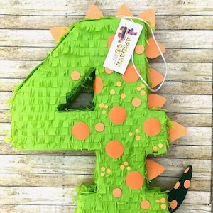 20” Tall Number Four Pinata Fourth Birthday Pinata Bright Green Dinosaur Theme