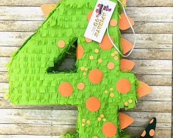 20” Tall Number Four Pinata Fourth Birthday Pinata Bright Green Dinosaur Theme