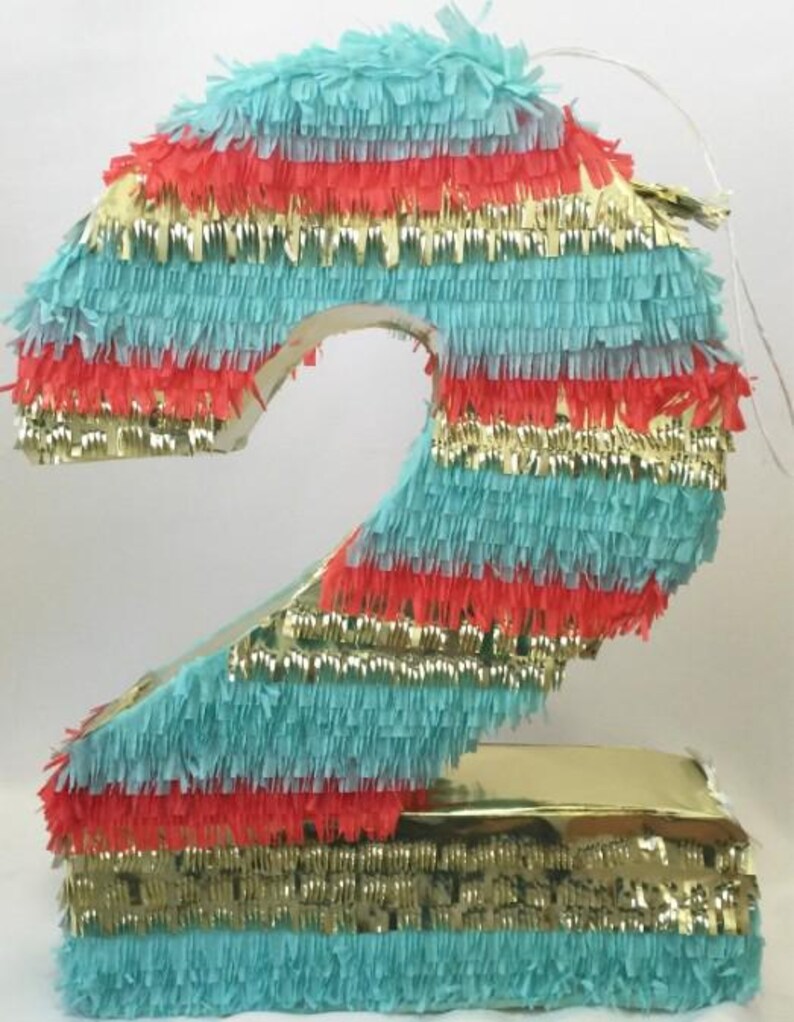 20'' Tall Number Two Pinata for Second Birthday Party Teal Coral & Gold ...