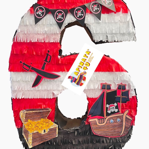 20 Inch Tall Number Six Pirate Pinata, Nautical Themed Kids Party Supplies, Pirate Birthday Celebration Decorations, Party Decor for Boys