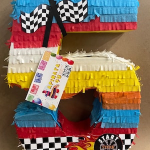 Multicolored Number Five Pinata, Car Race Wheel Accent Fifth Birthday & Race Track Decor, Wild Racer Start Your Engine Checkered Flag Pinata