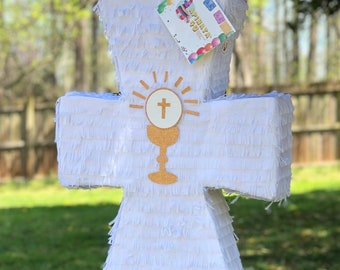 20 Inch White Cross Pinata with Gold Chalice Accents, Easter Sunday Party Decoration, Baptism or First Communion Celebrations, Ready to Ship