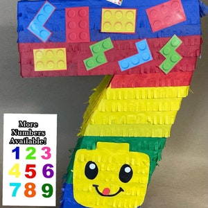 20” Tall Number Seven Pinata Building Block Themed Bricks Party Supplies Decoration Red Yellow Blue Green 7th 8th 9th Teens