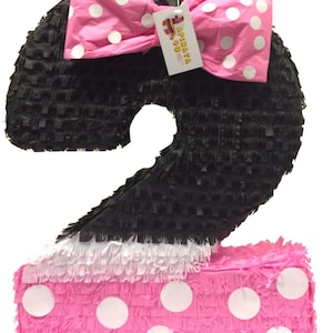 Black and Pink Number Two Pinata with Bow, Baby Girl Birthday Party Decor, Polka Dot Design, Size 20 Inches, Kids Party Supplies